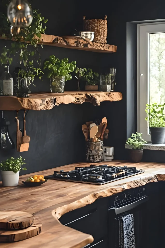 Kitchen with live-edge wood countertops and shelves, featuring potted herbs, natural lighting, and dark cabinets for a rustic-modern feel.