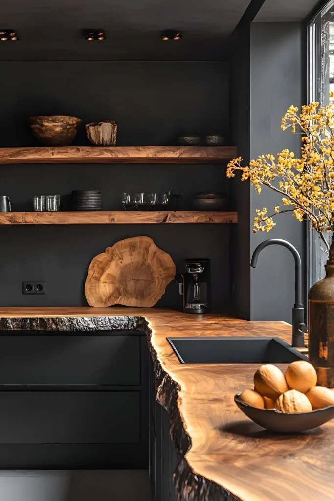 Minimalist kitchen featuring live-edge wood countertops and shelves, dark cabinetry, natural decor, and a sleek black sink for a bold, elegant design.