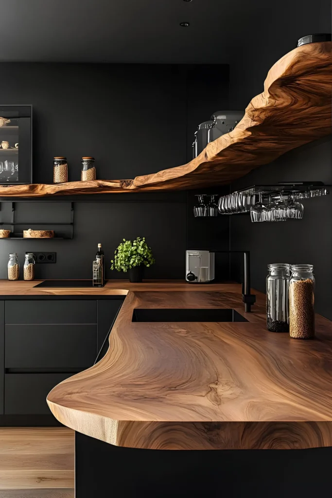 Modern kitchen with live-edge wood countertops and shelves, featuring matte black cabinetry, greenery, and glassware for a sleek, natural aesthetic.