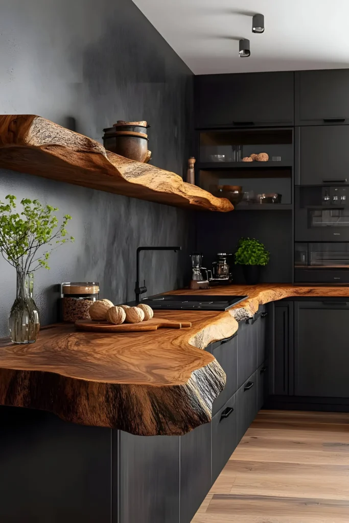 Rustic-modern kitchen featuring live-edge wood countertops and shelves, black cabinetry, and natural decor for a warm and functional aesthetic.