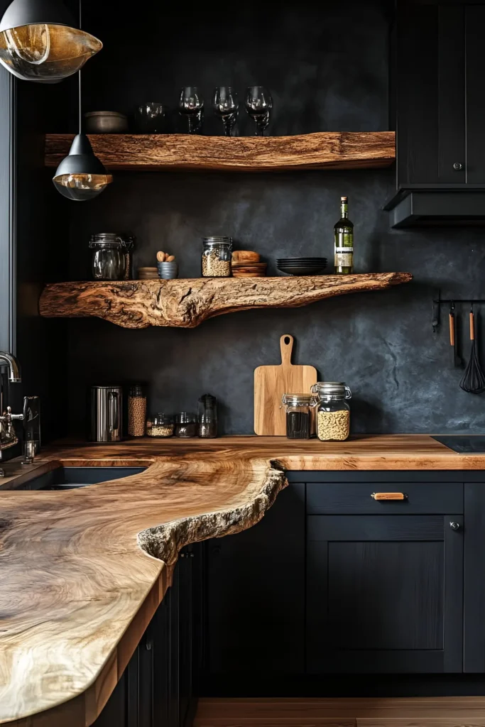 Rustic kitchen featuring live-edge wood countertops and shelves, black cabinetry, warm pendant lighting, and wooden decor for an elegant, earthy vibe.