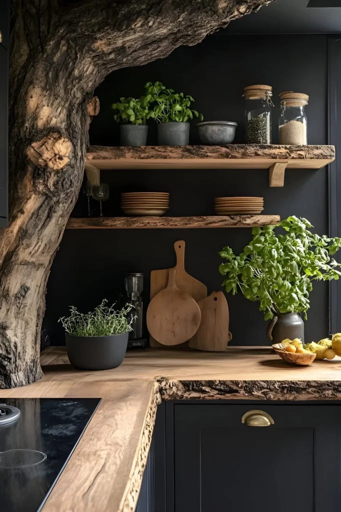 Kitchen with live-edge wood countertops, shelves, and a tree trunk element, complemented by potted herbs, cutting boards, and dark cabinetry for a natural-modern look.Kitchen with live-edge wood countertops, shelves, and a tree trunk element, complemented by potted herbs, cutting boards, and dark cabinetry for a natural-modern look.Kitchen with live-edge wood countertops, shelves, and a tree trunk element, complemented by potted herbs, cutting boards, and dark cabinetry for a natural-modern look.Kitchen with live-edge wood countertops, shelves, and a tree trunk element, complemented by potted herbs, cutting boards, and dark cabinetry for a natural-modern look.Kitchen with live-edge wood countertops, shelves, and a tree trunk element, complemented by potted herbs, cutting boards, and dark cabinetry for a natural-modern look.Kitchen with live-edge wood countertops, shelves, and a tree trunk element, complemented by potted herbs, cutting boards, and dark cabinetry for a natural-modern look.Kitchen with live-edge wood countertops, shelves, and a tree trunk element, complemented by potted herbs, cutting boards, and dark cabinetry for a natural-modern look.Kitchen with live-edge wood countertops, shelves, and a tree trunk element, complemented by potted herbs, cutting boards, and dark cabinetry for a natural-modern look.