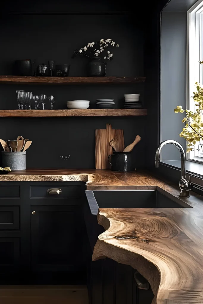 Black kitchen with live-edge wood countertops and shelves, minimal decor, and natural lighting for a sleek and organic design.