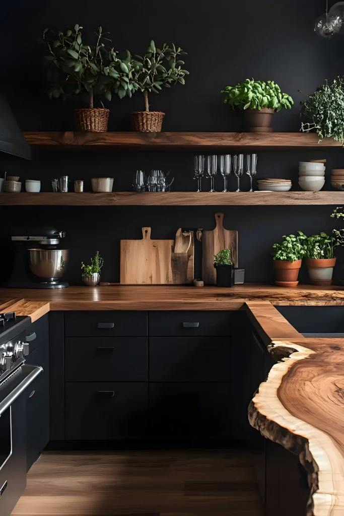 Dark kitchen with live-edge wood countertops and shelves, potted greenery, woven accents, and minimalistic cabinetry for an earthy and functional design.