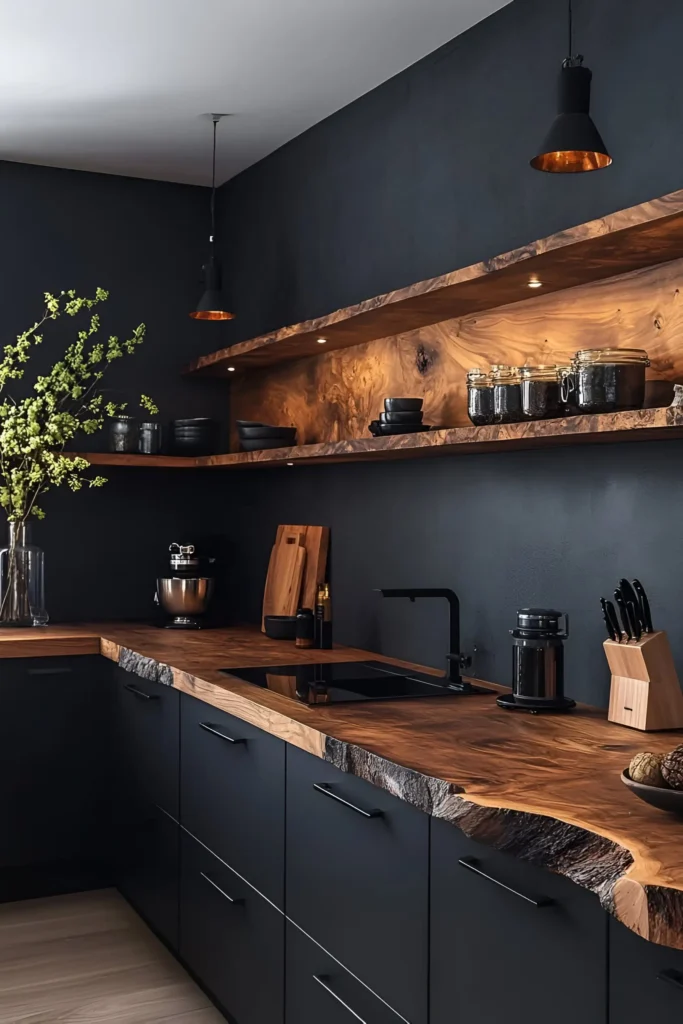 Modern kitchen with live-edge wood countertops, integrated shelf lighting, black cabinetry, and minimalist decor for a sophisticated and organic design.