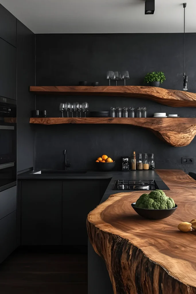 Modern black kitchen with live-edge wood countertops and shelves, minimalist decor, and vibrant accents for a sleek, natural design.