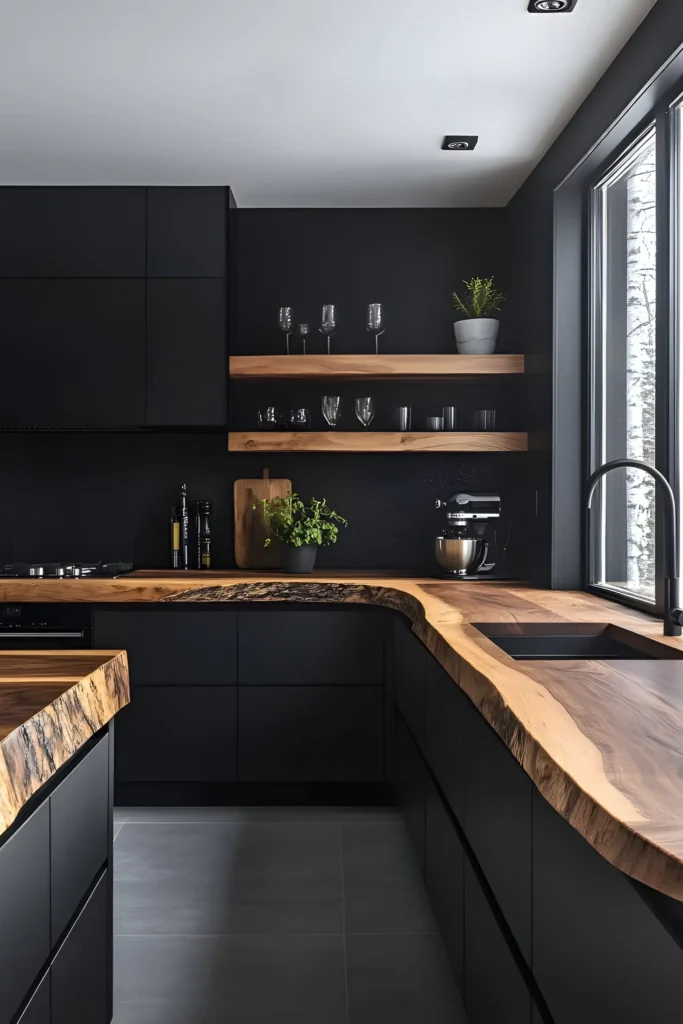 U-shaped kitchen with live-edge wood countertops, black cabinetry, open shelving, and natural lighting for a minimalist and warm aesthetic.