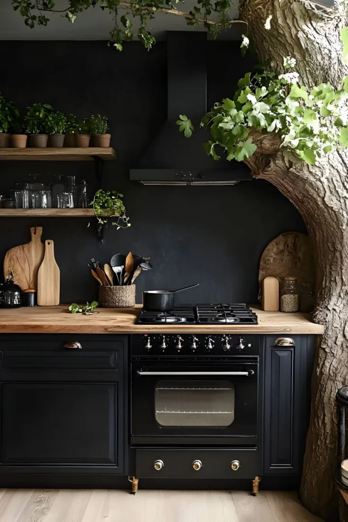 Rustic kitchen with a tree trunk accent, live-edge wood countertops, potted herbs, open shelving, and a vintage-style black oven for a natural and cozy design.