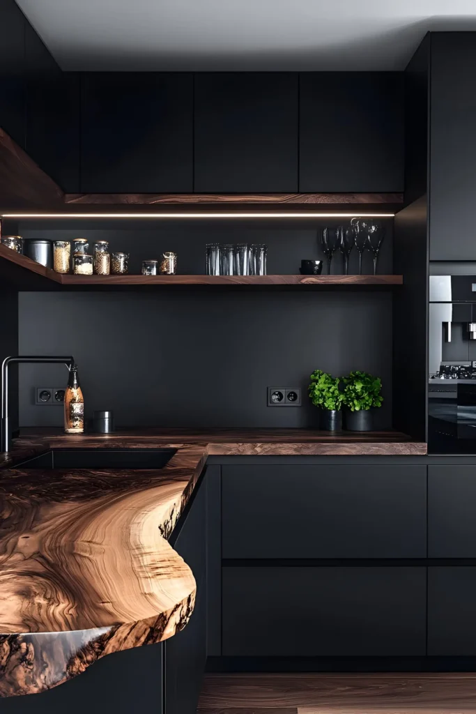 Modern kitchen with live-edge wood countertops, illuminated shelves, matte black cabinetry, and minimalist decor for a sleek and elegant look.