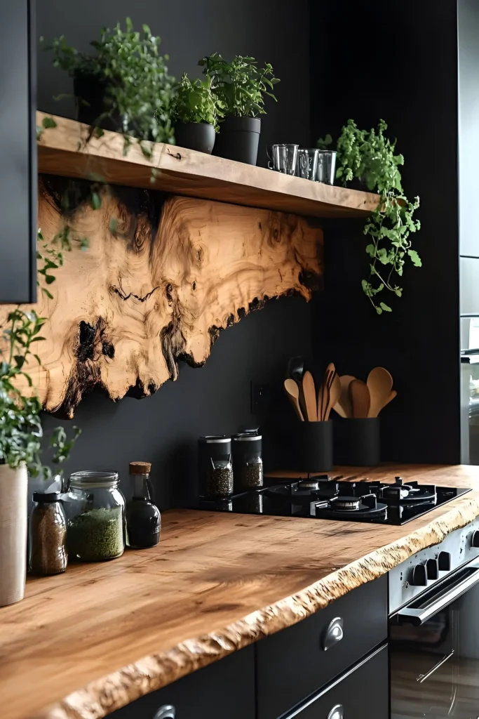 Kitchen with a live-edge wood backsplash, countertops, open shelving, potted greenery, and dark cabinetry for a natural and modern design.