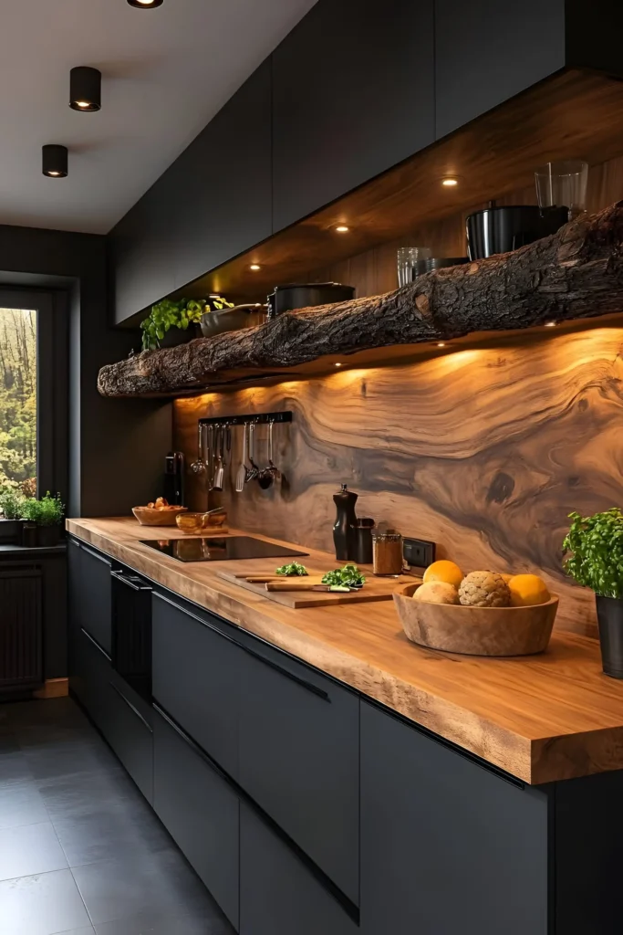 Kitchen with live-edge wood countertops and backsplash, integrated lighting, black cabinetry, and fresh greenery for a rustic-modern design.