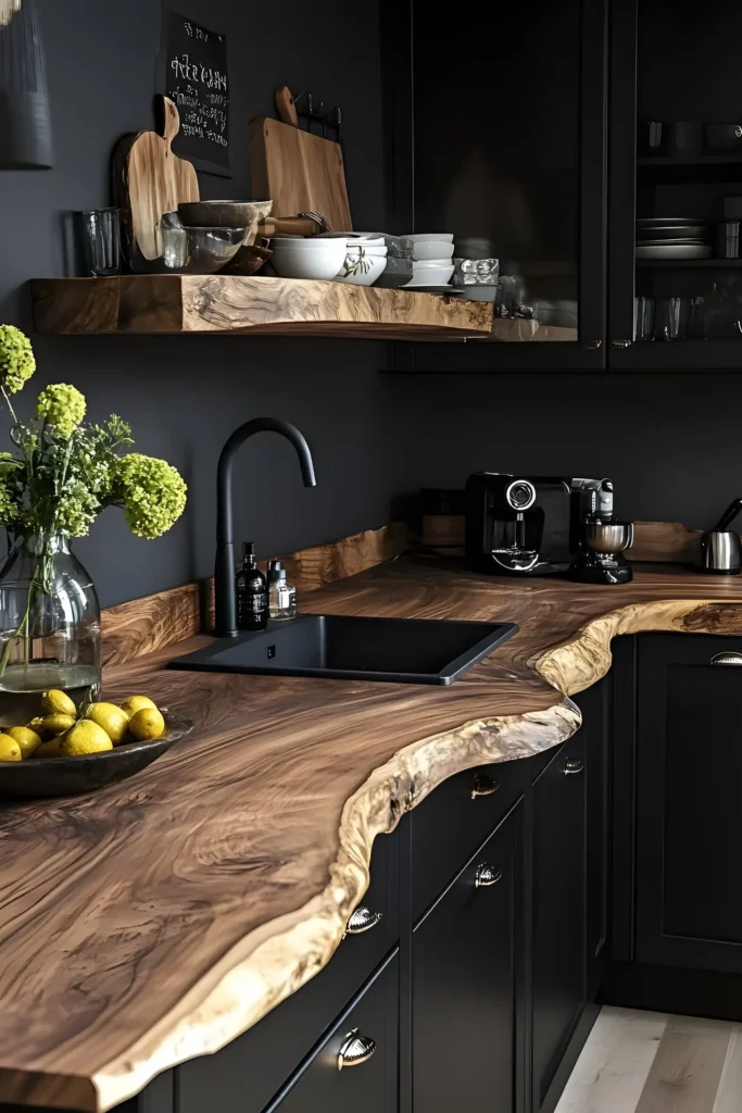 Kitchen with curved live-edge wood countertops, black cabinetry, a matte black faucet, and vibrant accents like fresh lemons and flowers.