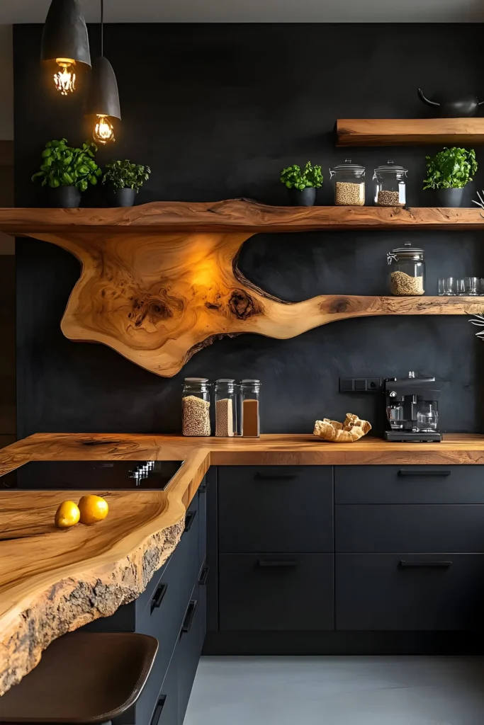 Modern kitchen with a live-edge wood backsplash, sleek black cabinetry, floating shelves, and integrated lighting for an artistic and functional design.