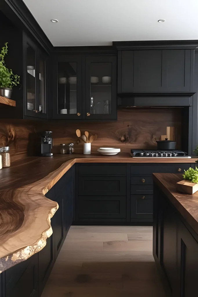 Kitchen with live-edge wood countertops, black cabinetry, glass-paneled cabinets, and natural textures for a timeless and elegant design.