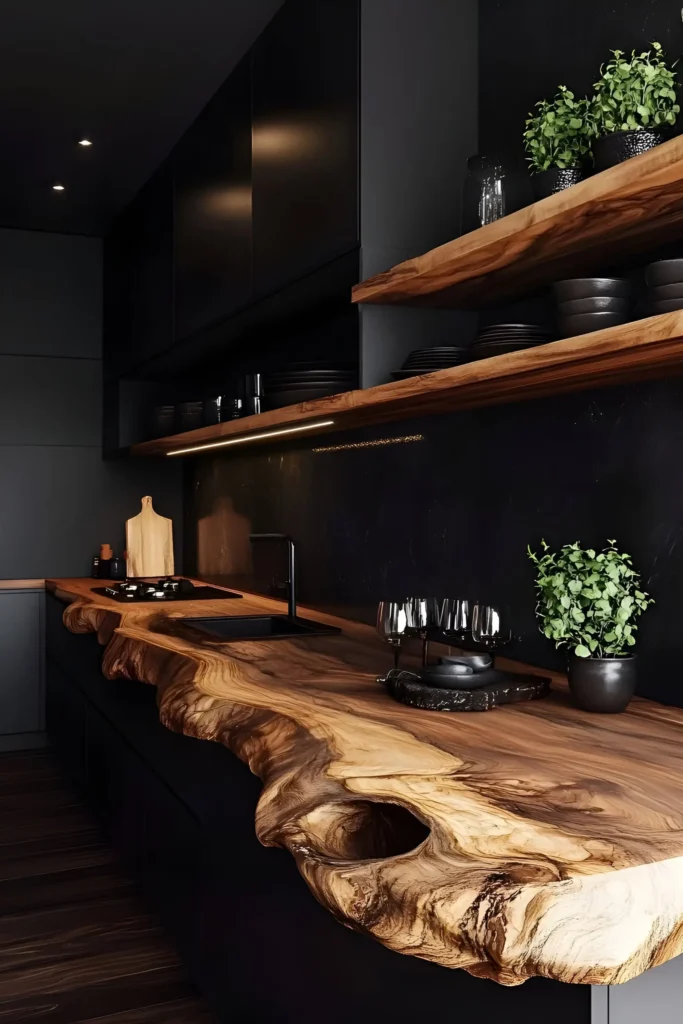 Kitchen with a sculptural live-edge countertop, black cabinetry, floating wood shelves, and under-shelf lighting for a dramatic and modern design.