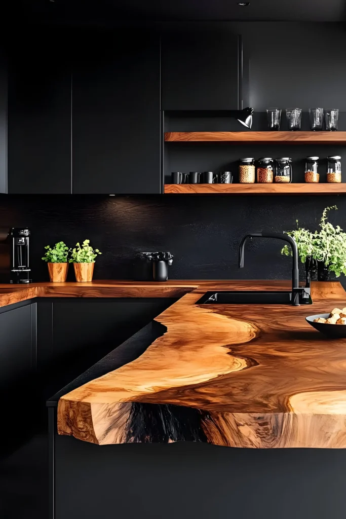 Modern kitchen featuring polished live-edge wood countertops, black cabinetry, floating shelves, and potted greenery for a bold and warm design.