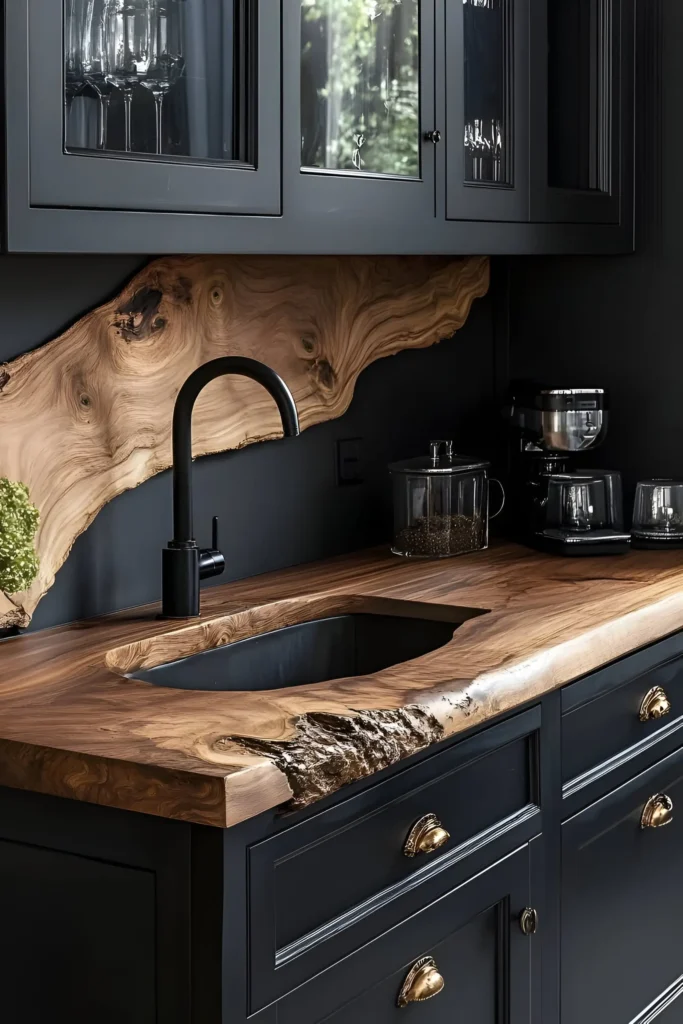 Kitchen with live-edge wood countertops, black cabinetry, brass hardware, and a wood backsplash for a refined and elegant look.