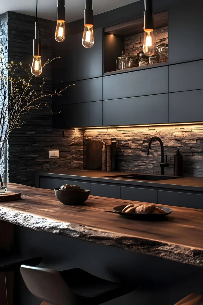 Industrial kitchen with live-edge wood countertops, stone backsplash, matte black cabinetry, and Edison bulb lighting for a modern and rustic look.