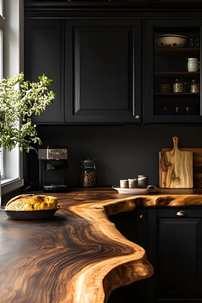 Kitchen with live-edge wood countertop, black cabinets with gold hardware, and natural light highlighting organic textures.