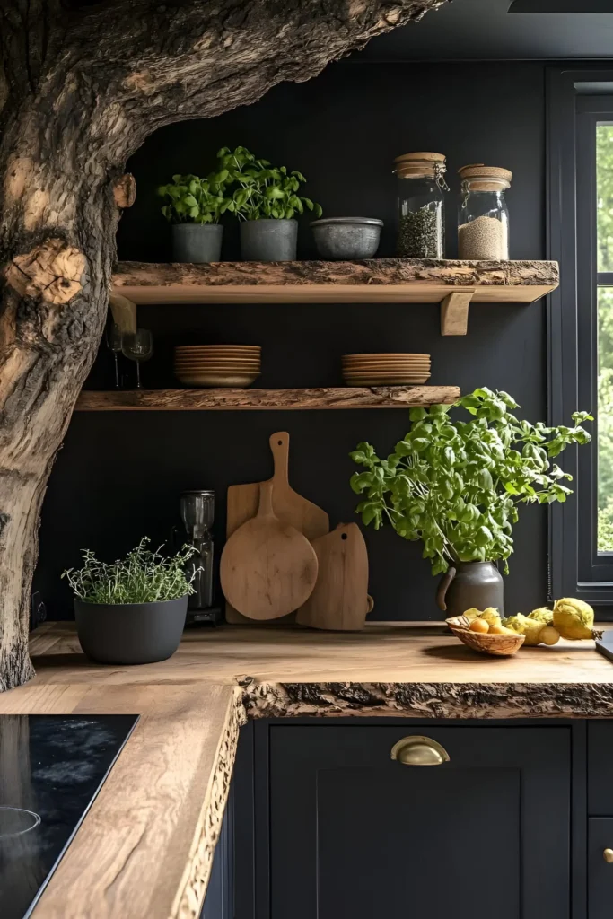 Rustic kitchen design featuring bark-edged wooden countertops, black cabinets, and potted herbs for natural charm.