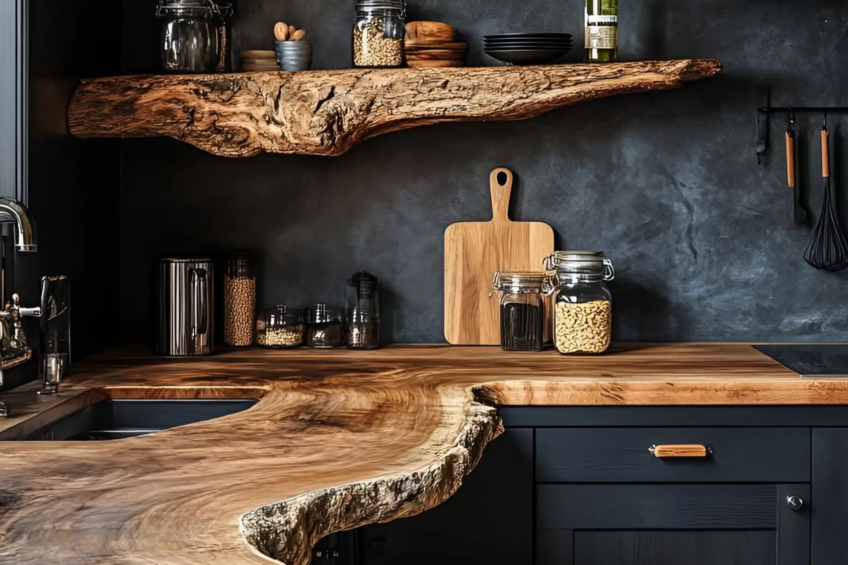 Rustic kitchen featuring a live-edge countertop, black cabinets, wooden shelves, and natural accents for a warm and inviting look.