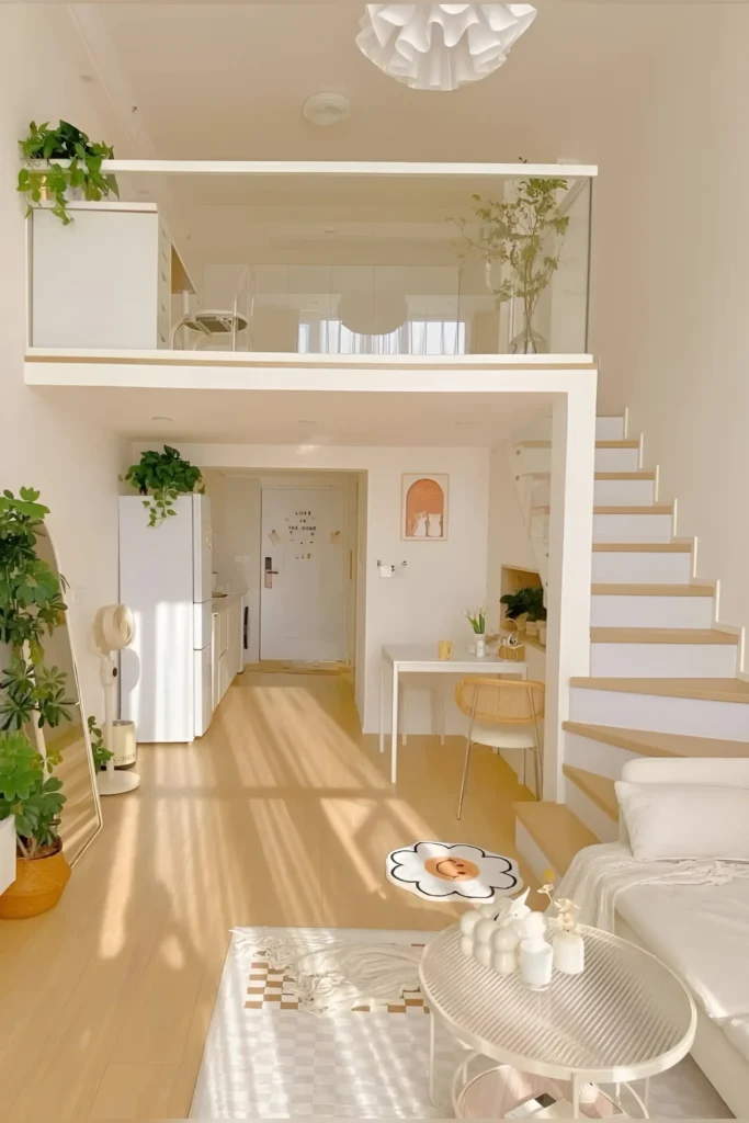 Minimalist loft with a mezzanine, natural tones, and vibrant indoor plants.