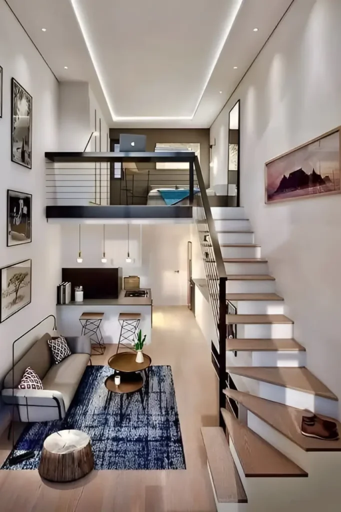 Industrial loft with a floating staircase, high ceilings, and a bold blue rug.