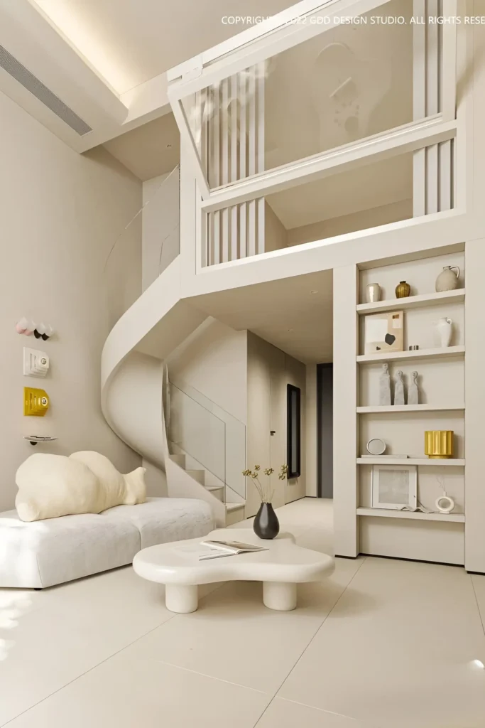 Contemporary loft with a spiral staircase, neutral tones, and artistic decor elements.