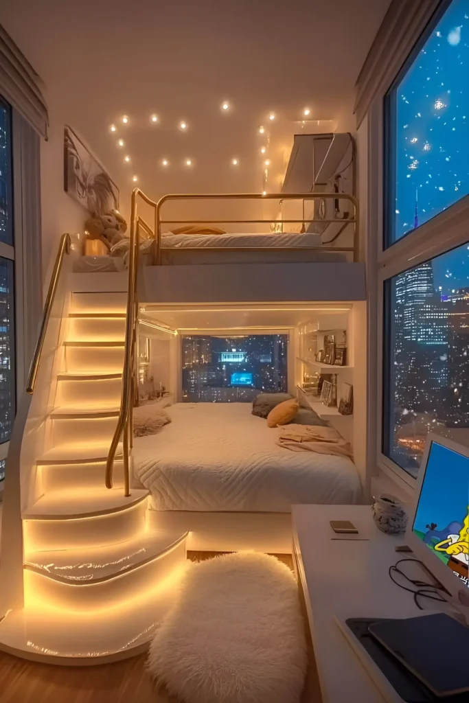 Cozy loft with bunk beds, gold accents, and twinkling city views.