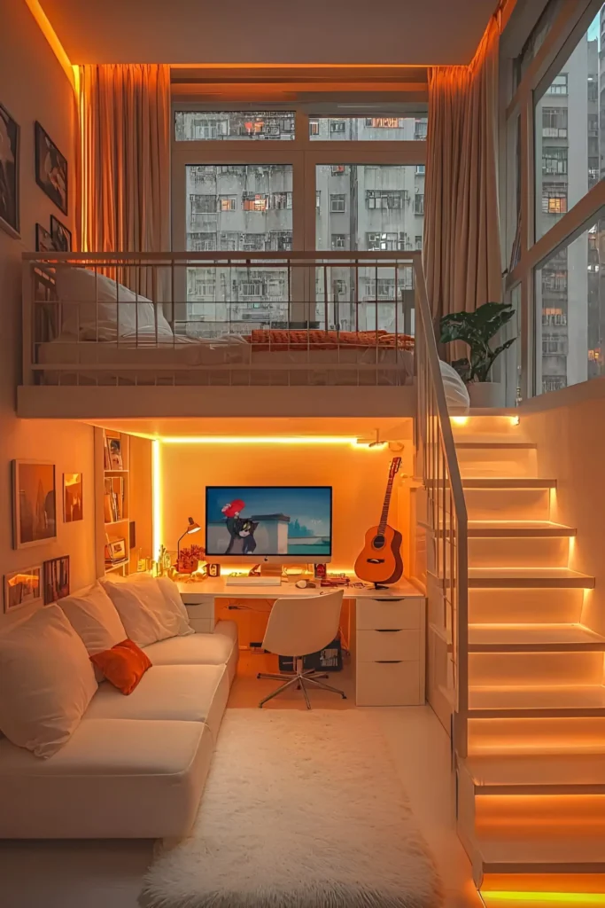 Vibrant loft with a creative workspace, orange accent lighting, and a mezzanine sleeping area.