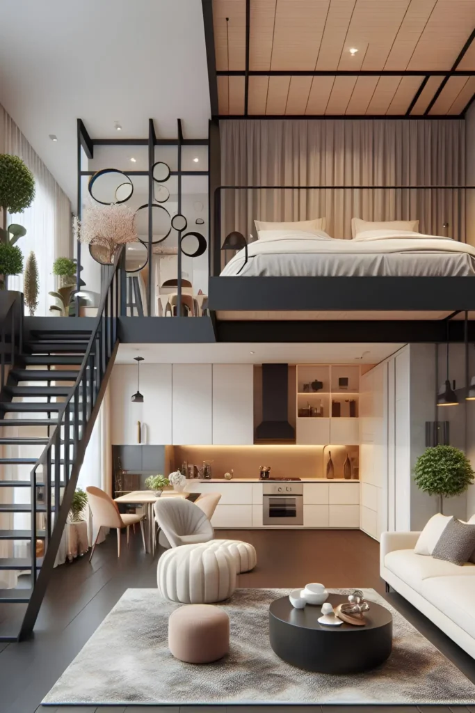 Modern loft with black staircase, geometric dividers, and industrial-chic design.