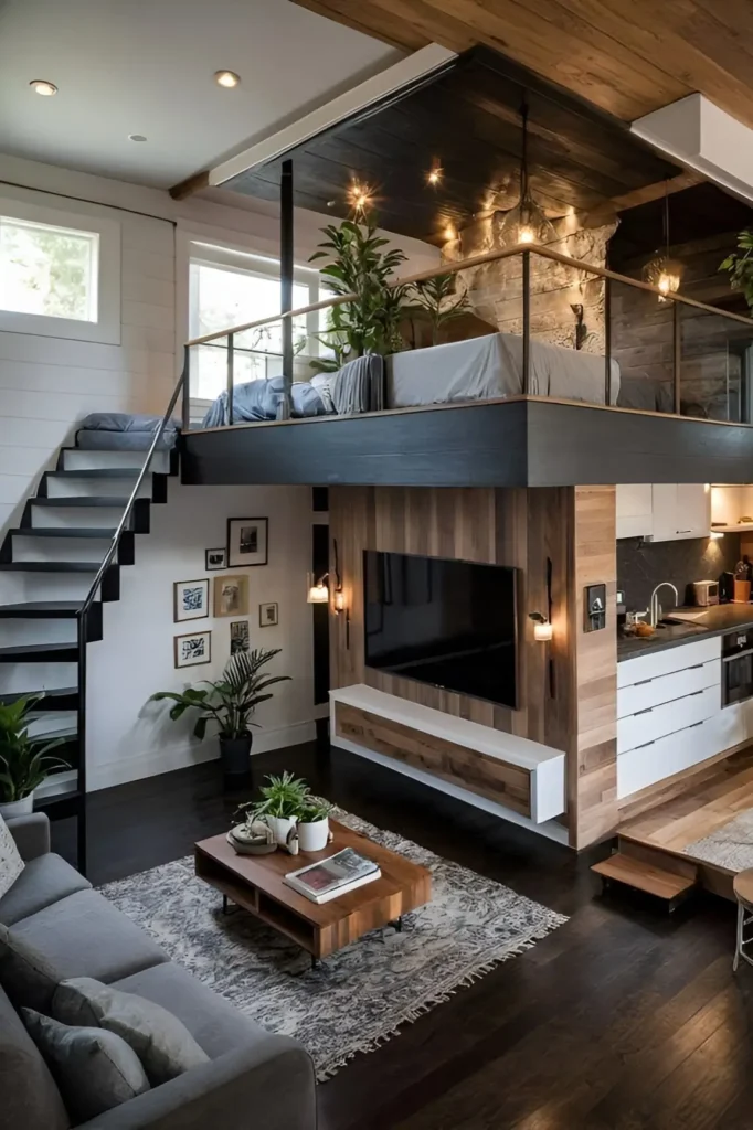 Rustic modern loft with exposed stone walls, black accents, and lush greenery.
