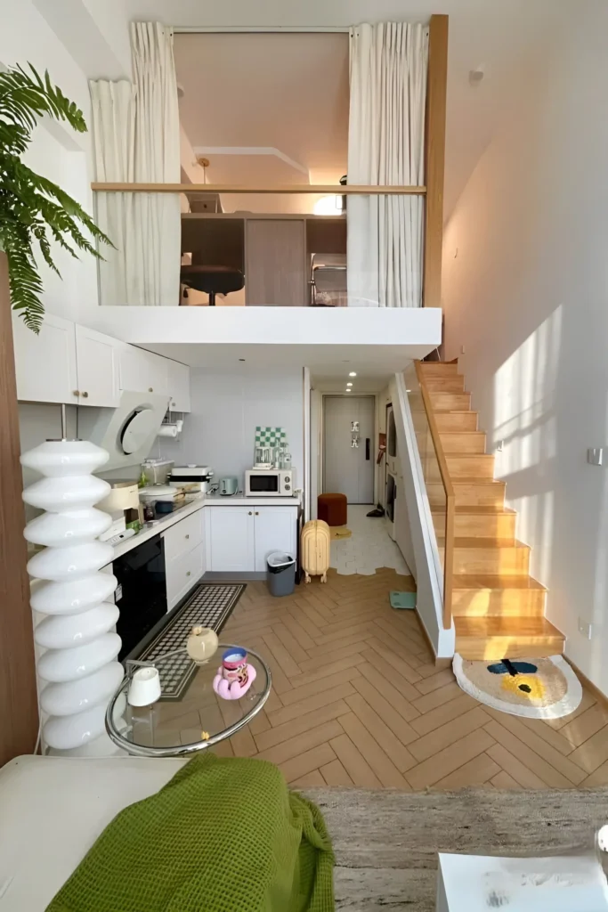 Playful loft with colorful accents, wooden floors, and a multifunctional mezzanine area.