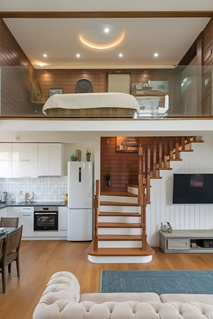 Warm wood loft with glass railings, modern white kitchen, and a crescent light fixture.