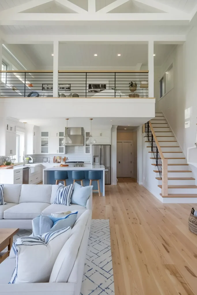 Coastal-style loft with blue accents, exposed beams, and a mezzanine bedroom.