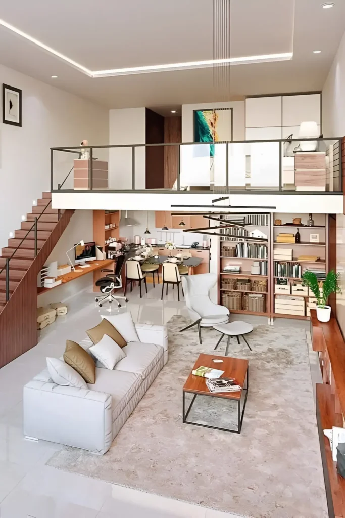 Loft with built-in shelving, warm wood tones, and a functional workspace.