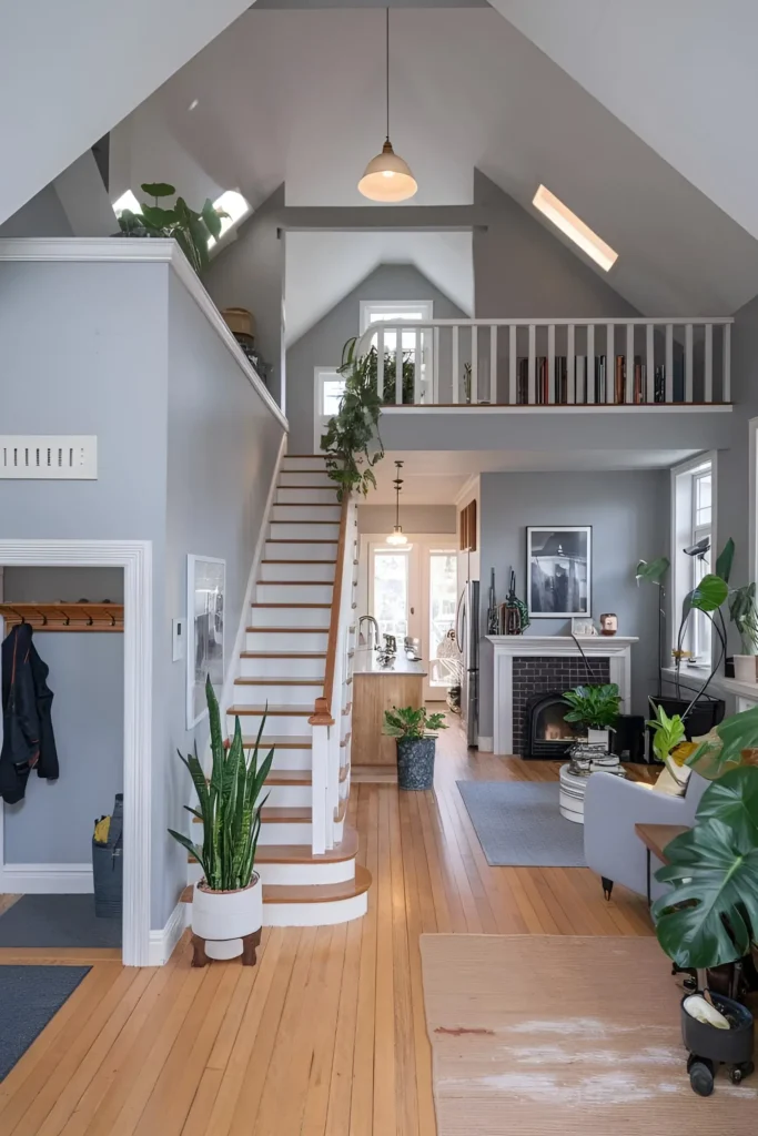 Traditional loft with vaulted ceilings, light blue walls, and cozy greenery accents.