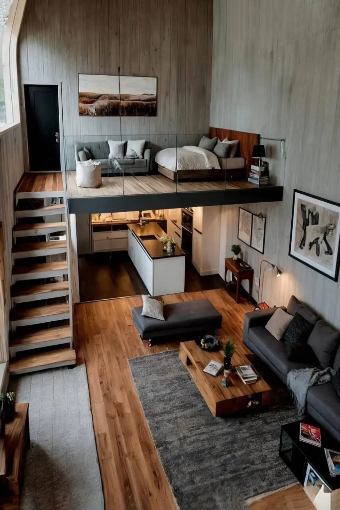 Rustic loft with warm wood tones, an open mezzanine, and a cozy living area.