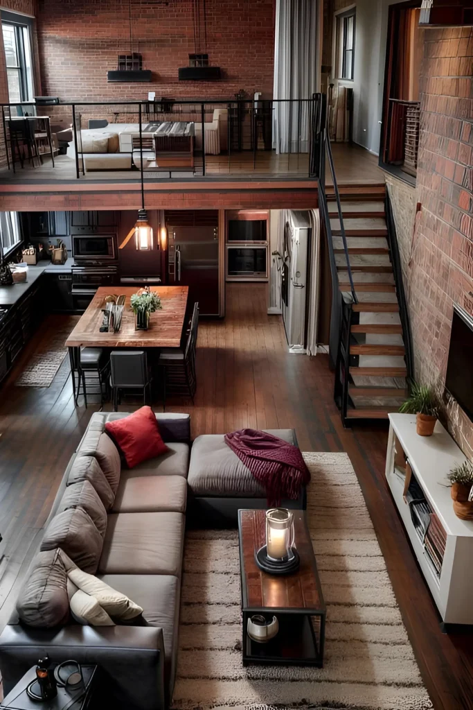 Industrial loft with exposed brick walls, warm wood flooring, and a spacious mezzanine area.