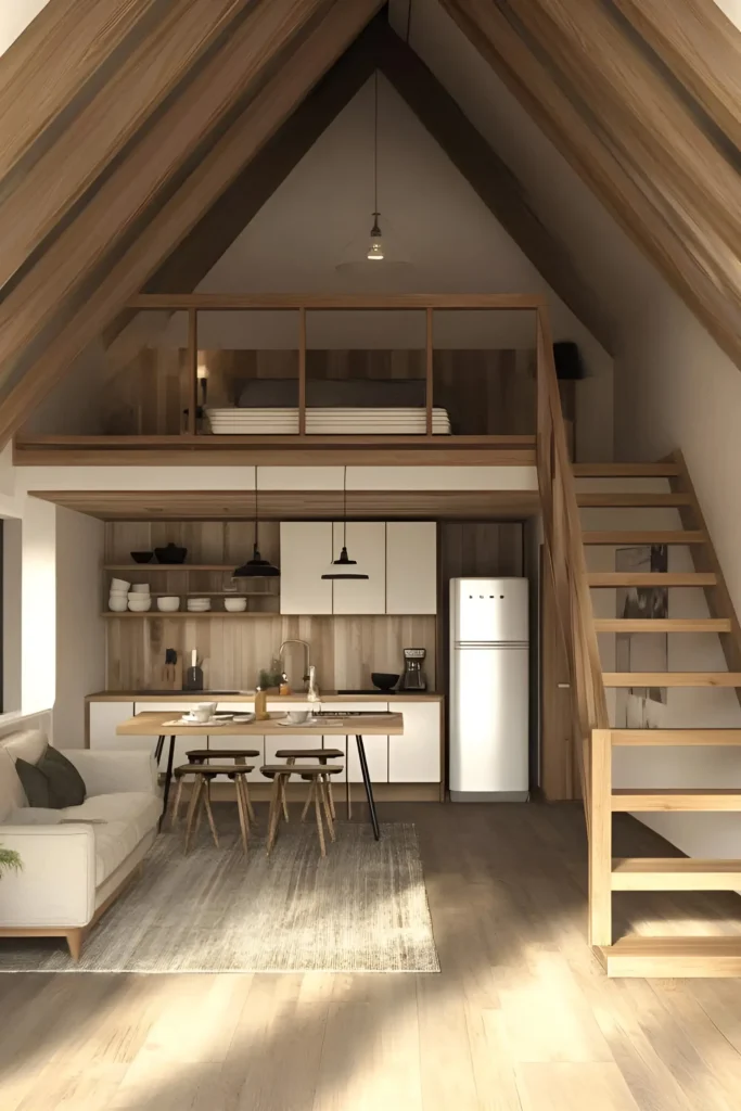 Scandinavian loft with wood paneling, minimalist design, and a cozy mezzanine bedroom.