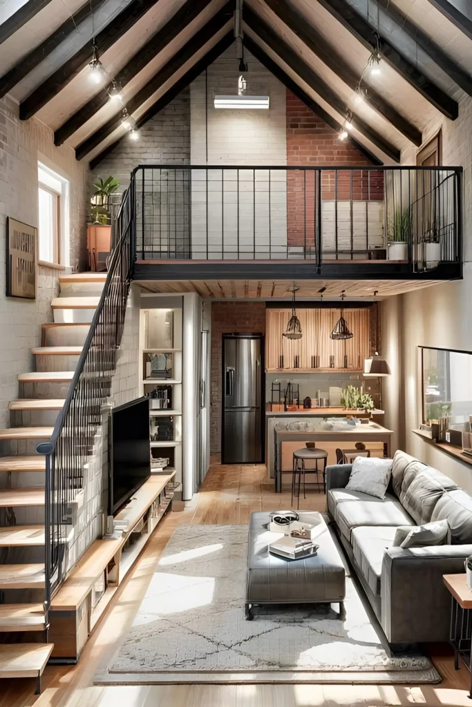 Industrial loft with exposed beams, brick walls, and a cozy mezzanine bedroom.