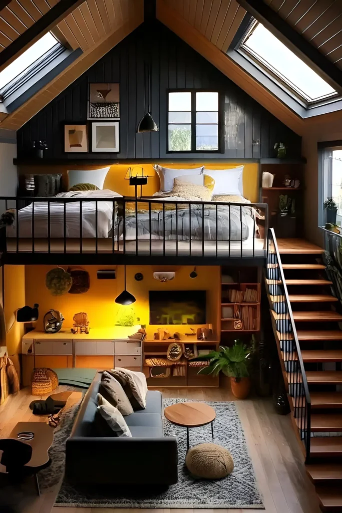 Loft with vibrant yellow accents, black walls, and skylights for natural lighting.