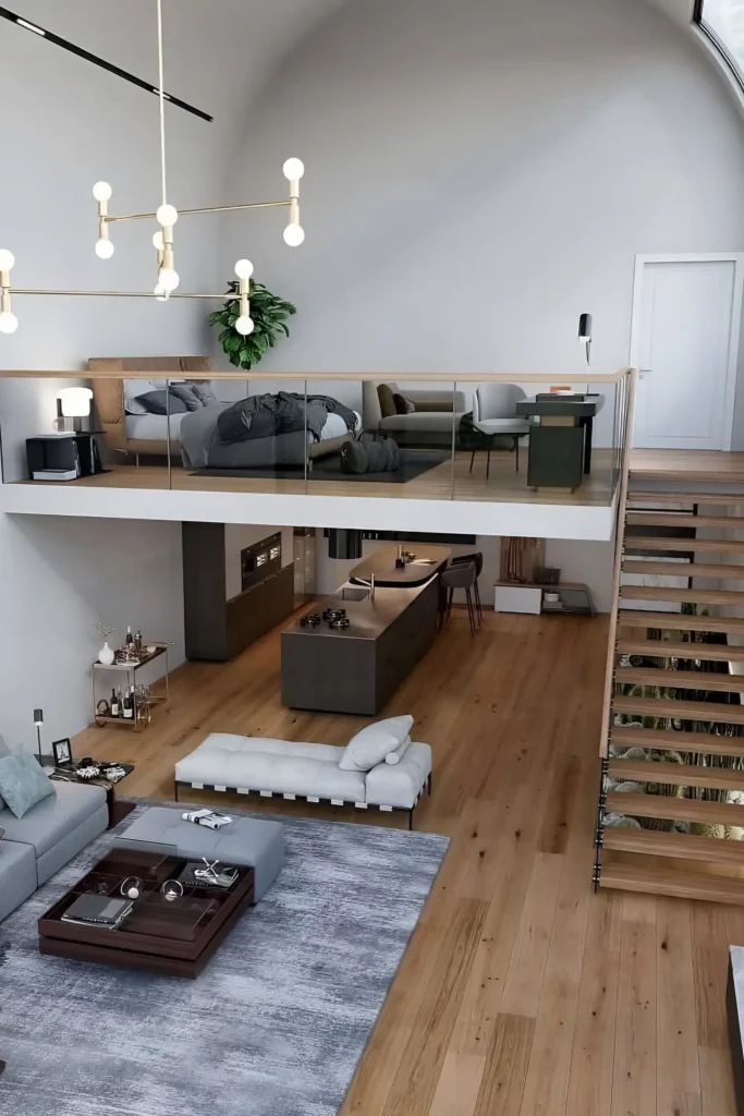 Modern minimalist loft with a mezzanine bedroom, glass railings, and sleek furnishings.