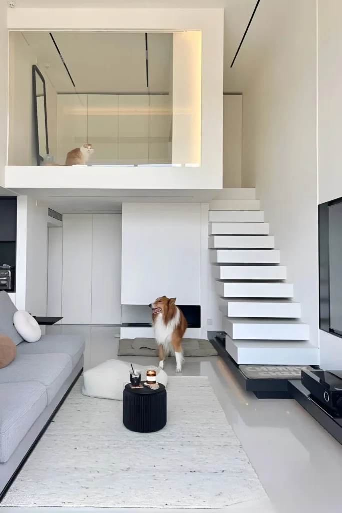 Minimalist loft with a floating staircase, glass railings, and neutral decor tones.