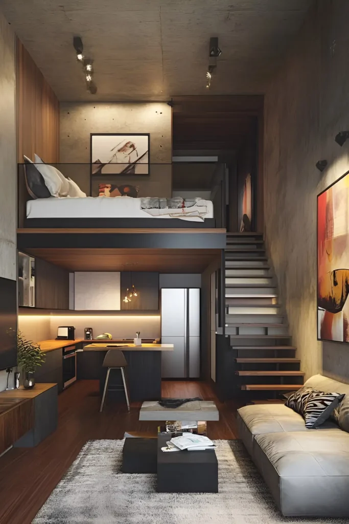 Industrial loft with concrete walls, warm wood accents, and a mezzanine bedroom.