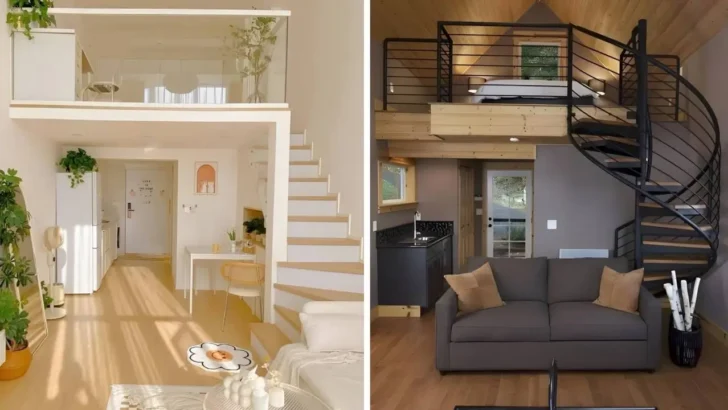 Split image of a modern minimalist loft with greenery and a rustic loft with a spiral staircase and wood finishes.