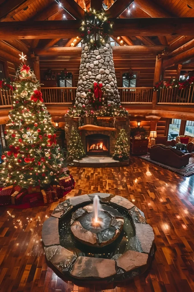 Log cabin interior with a stone fireplace decorated with garlands and a red bow, a tall Christmas tree with red and gold ornaments, and a central fountain.