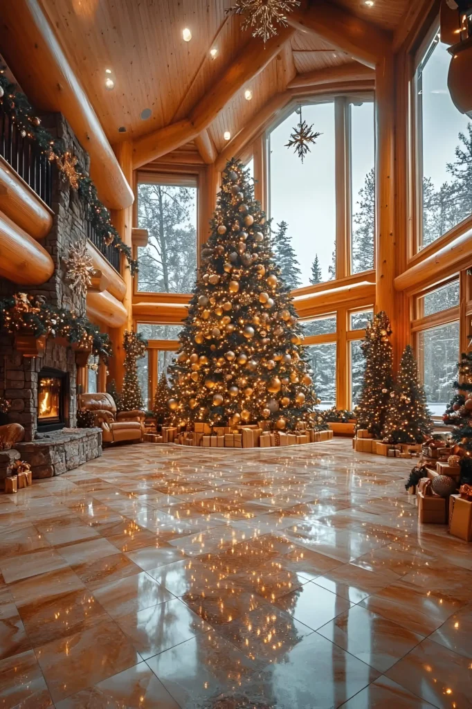 Log cabin interior with a tall Christmas tree decorated in gold ornaments, large snowy windows, and a stone fireplace wrapped in garlands.