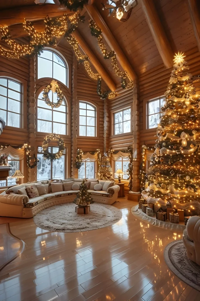 Log cabin living room decorated with twinkling garlands, a tall golden Christmas tree, and a cozy circular seating area with natural light from large windows.