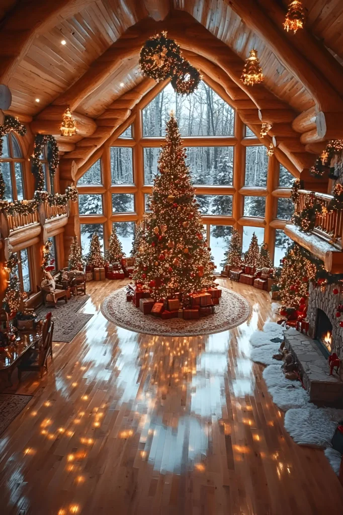 Log cabin interior with a grand Christmas tree, vaulted windows revealing snowy woods, festive garlands, and a stone fireplace.